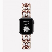 Ремешок Шанель Apple Watch 42/44 Chanell з шкіряними вставками! gold white для Apple Watch