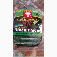 Снеки з м#039;яса курки, індички, яловичини сушені, в#039;ялені. Натуральні чіпси курячі, конина