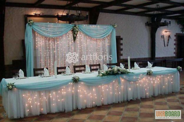 Фото 2. Украшение зала цветами,тканями, оформление свадебного фона,стола