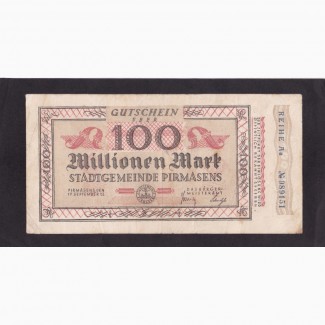 100 000 000 марок 1923г. Аа. 089151. Пирмасенс. Германия