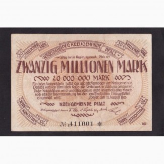 20 000 000 марок 1923г. Пфальц. 385093. Германия