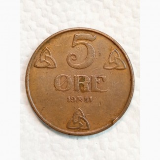 5 эре 1951г. Бронза. Норвегия. Король Хокон VII